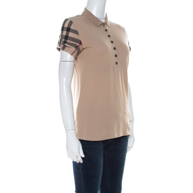 

Burberry Beige Cotton Pique Knit Novacheck Sleeve Polo T-Shirt