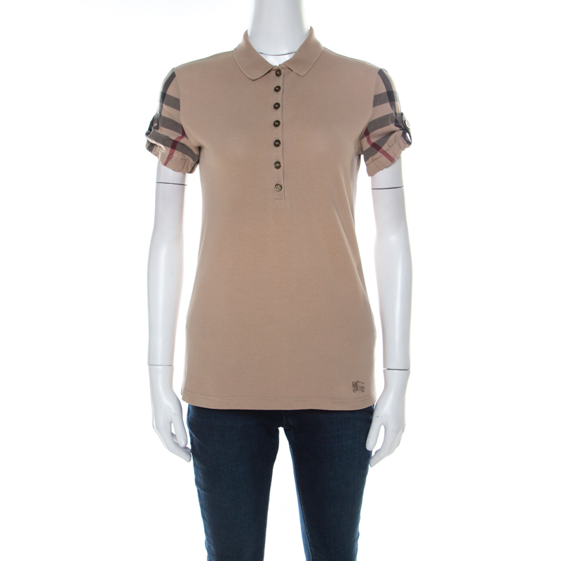 Pre Owned Burberry Beige Cotton Pique Knit Novacheck Sleeve Polo T-Shirt S