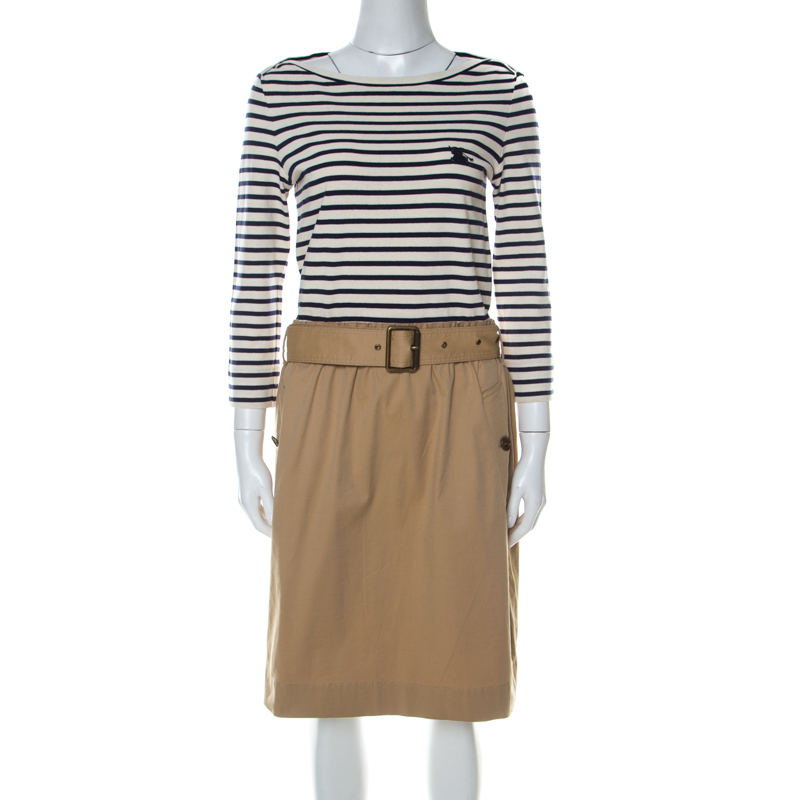 Pre Owned Burberry Brit Striped Cotton Jersey Belted Dress M