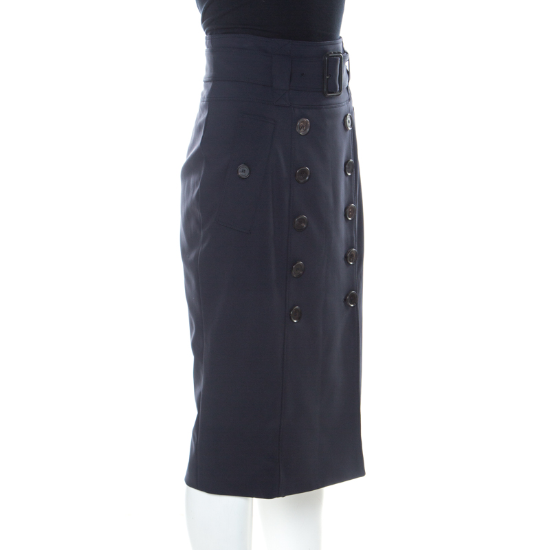 

Burberry Navy Blue Stretch Crepe Button Front Trench Midi Skirt