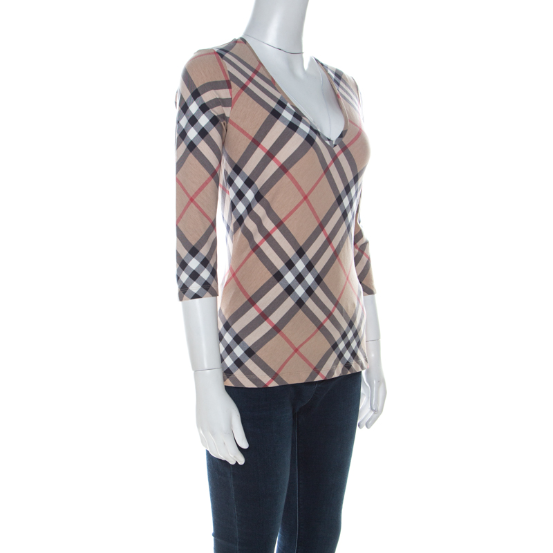 

Burberry Beige Nova Check Cotton Stretch V Neck Three Quarter Sleeve Top