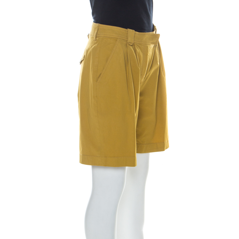 

Burberry Mustard Yellow Cotton High Waist Back Buckle Detail Shorts