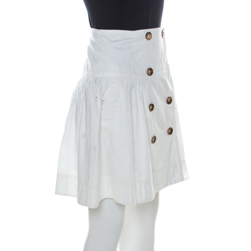 

Burberry London White Eyelet Cotton Button Front Short Flared Skirt