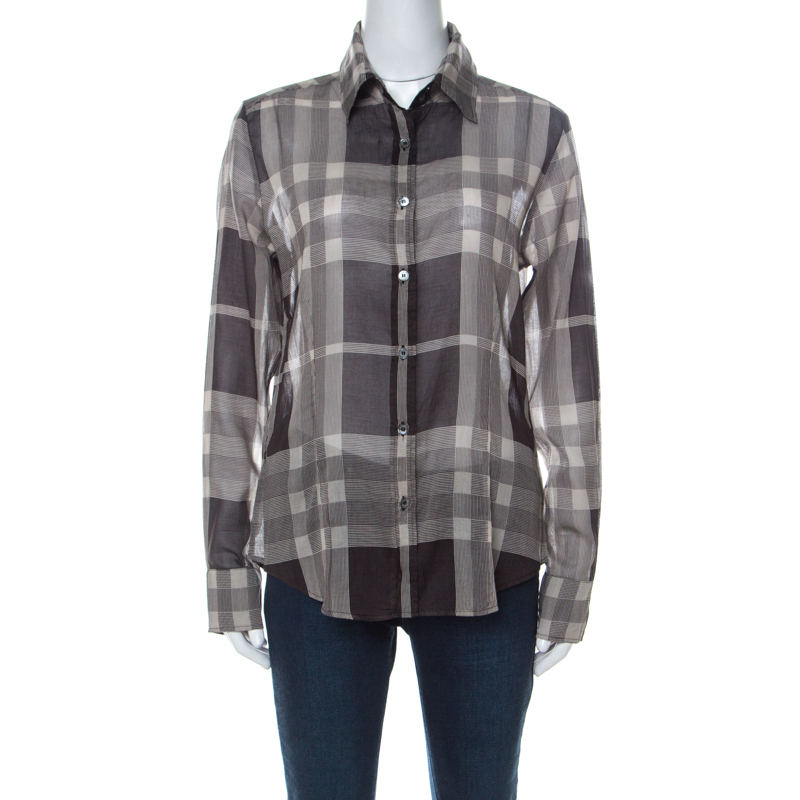 Pre Owned Burberry London Brown Multi Checked Cotton Button Front Shirt L