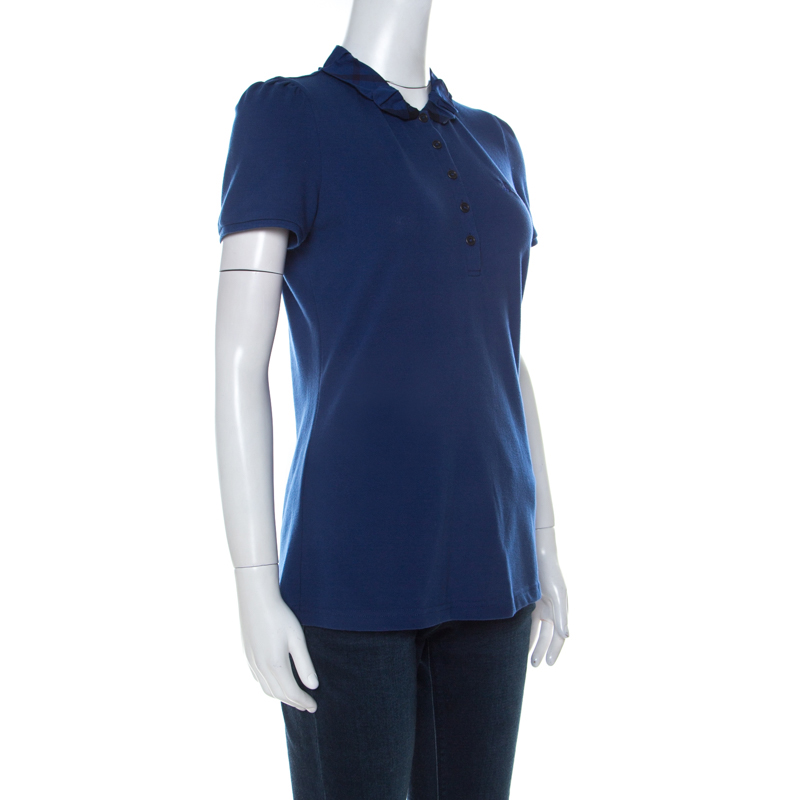 

Burberry Brit Blue Honeycomb Knit Novacheck Collar Detail Polo T-Shirt