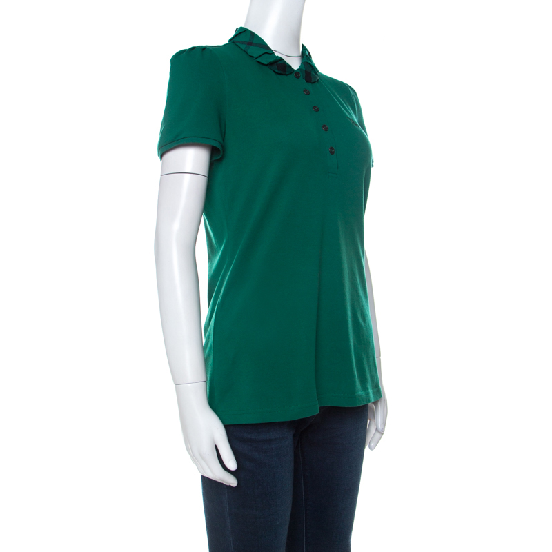 

Burberry Brit Green Honeycomb Knit Novacheck Collar Detail Polo T-Shirt