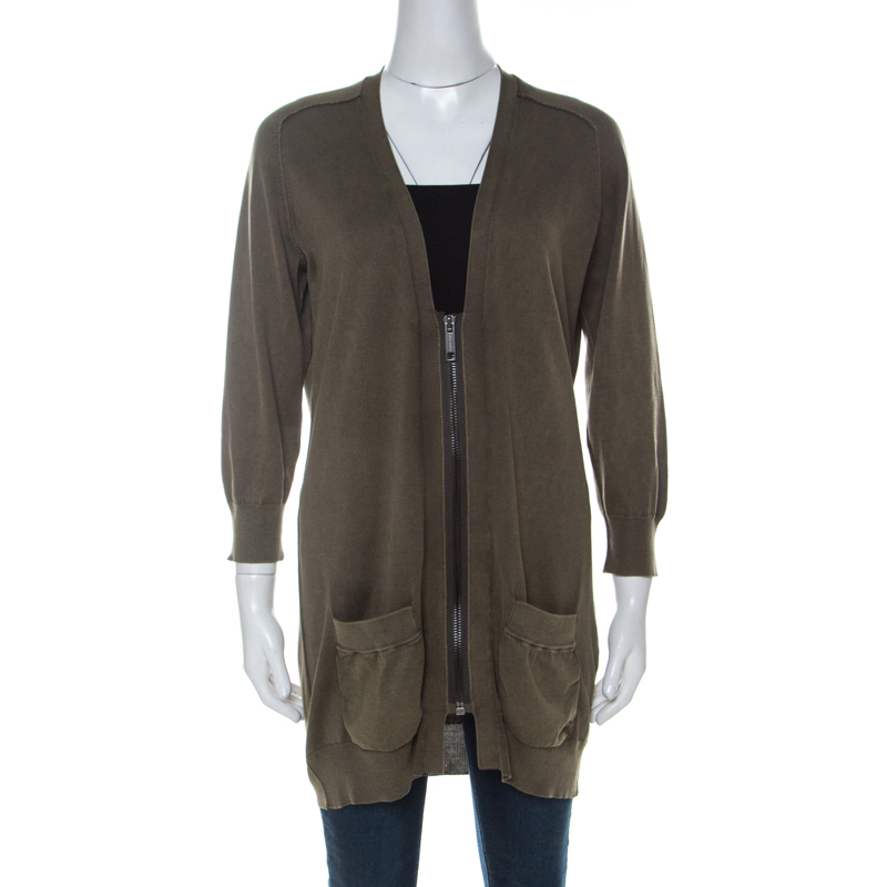Pre Owned Burberry Brit Green Distressed Effect Knit Zipper Front Cardigan XL