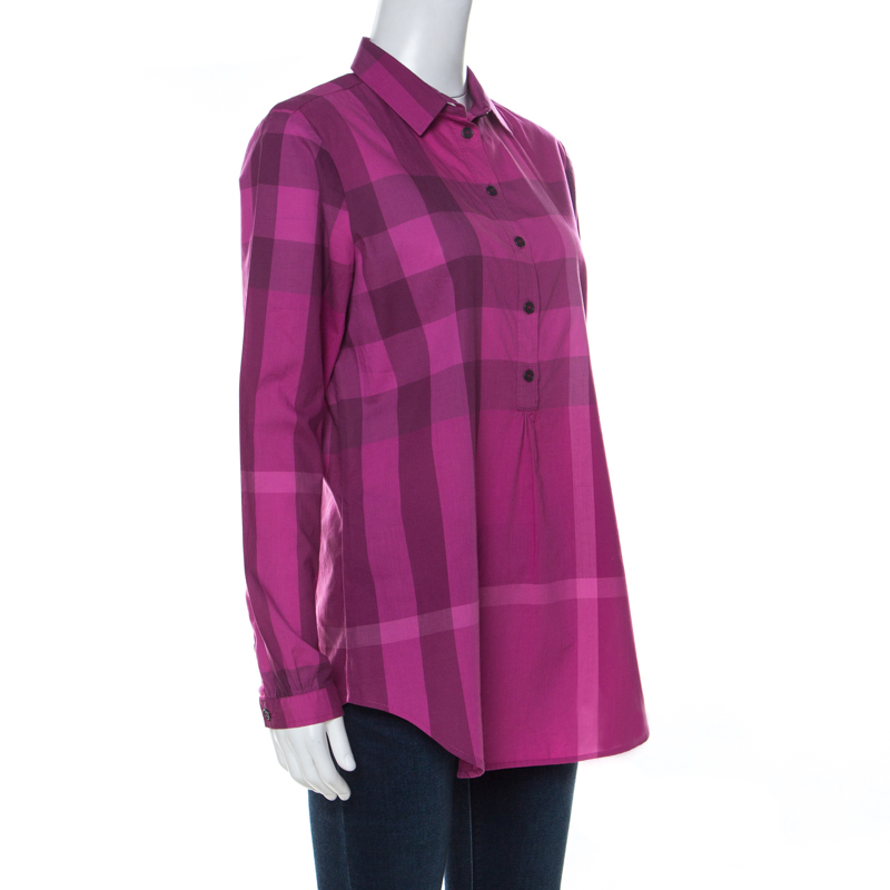 

Burberry Fuchsia Pink Nova Check Cotton Half Placket Front Button Shirt