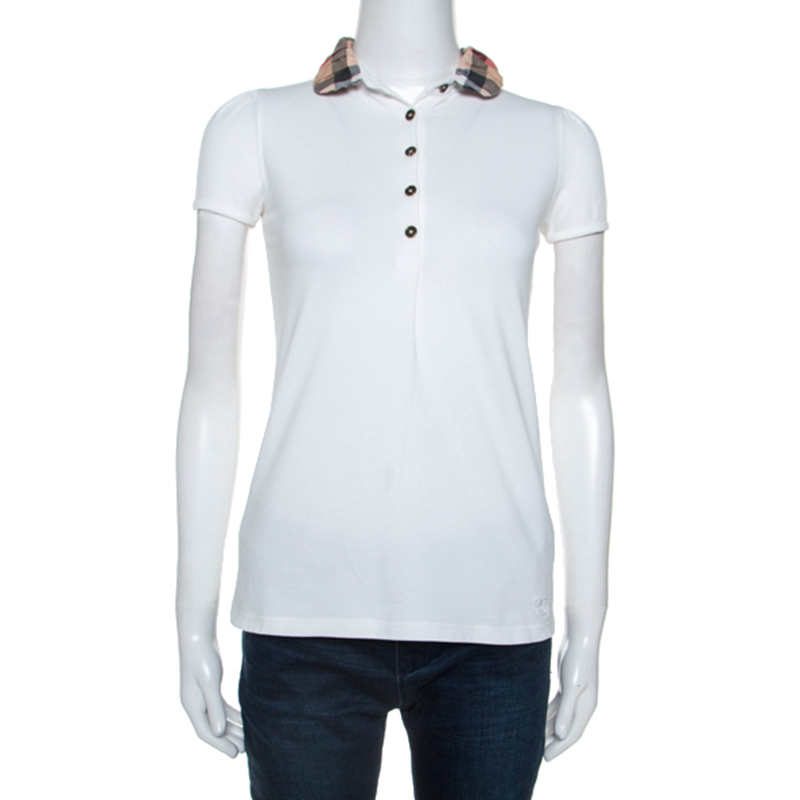 Burberry Brit White Cotton Pique Checked Collar Polo T-shirt S