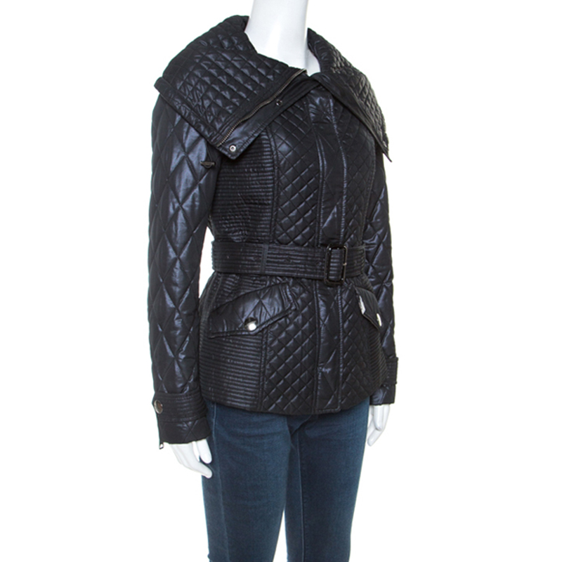 

Burberry Black Quilted Zip Front Belted Jacket