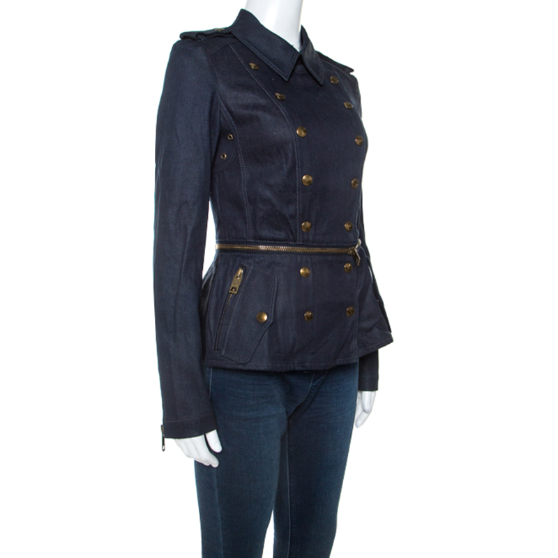 

Burberry Indigo Denim Detachable Peplum Zip Detail Jacket, Blue