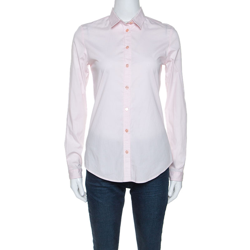 Pre Owned قميص بربري قطن سترتش وردي بأزرار أمامية  XS 