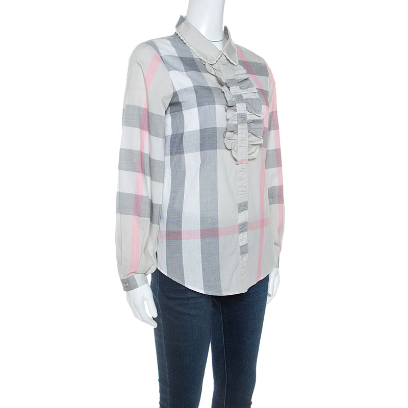 

Burberry Pale Grey Plaid Checked Cotton Ruffle Detail Shirt