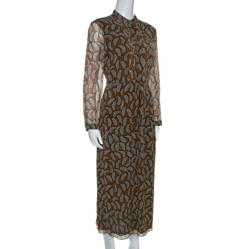 

Burberry Brown Leaf Print Silk Long Sleeve Midi Dress