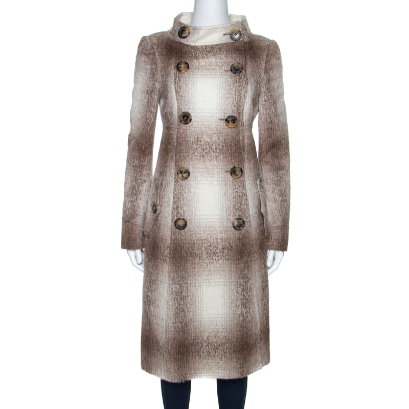 Pre Owned Burberry Beige And White Alpaca Wool Double Breasted Long Coat M
