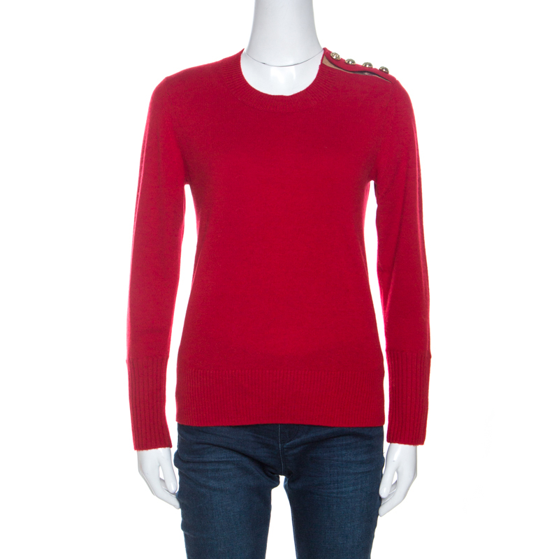 Pre-owned Burberry Red Cashmere Button Detail Sweater M