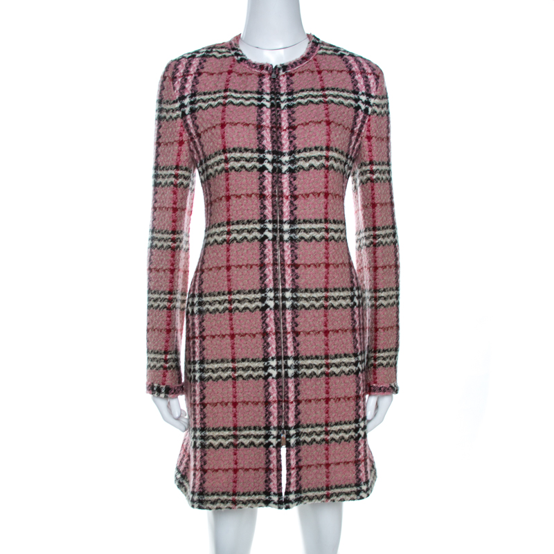 Pre-owned Burberry Pink Checkered Tweed Zip Front Jumper Dress S