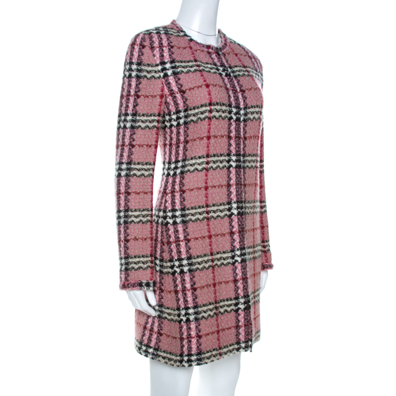 

Burberry Pink Checkered Tweed Zip Front Sweater Dress