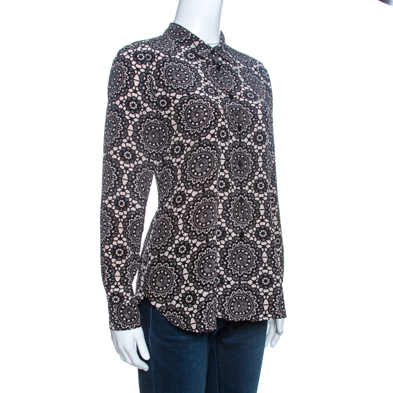 

Burberry Bicolor Kensington Lace Print Silk Long Sleeve Shirt, Black