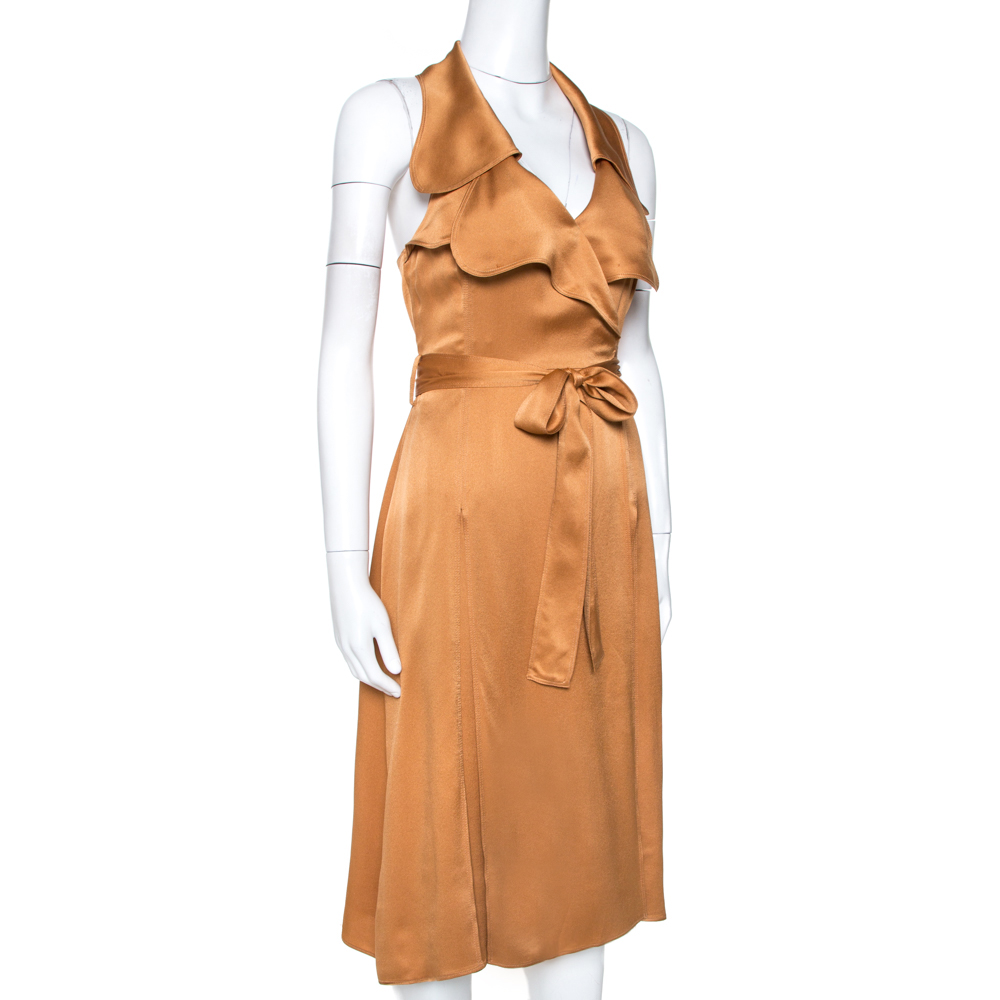 

Burberry Bronze Silk Satin Ruffled Wrap Dress, Brown