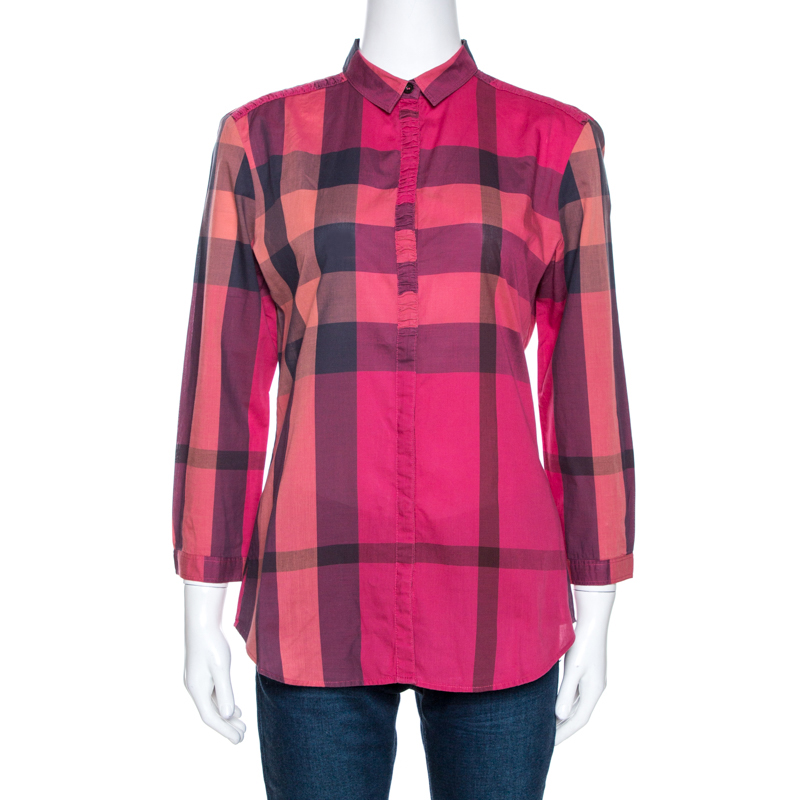 Pre-owned Burberry Brit Fuschia Pink Checked Cotton Gathered Detail Shirt S