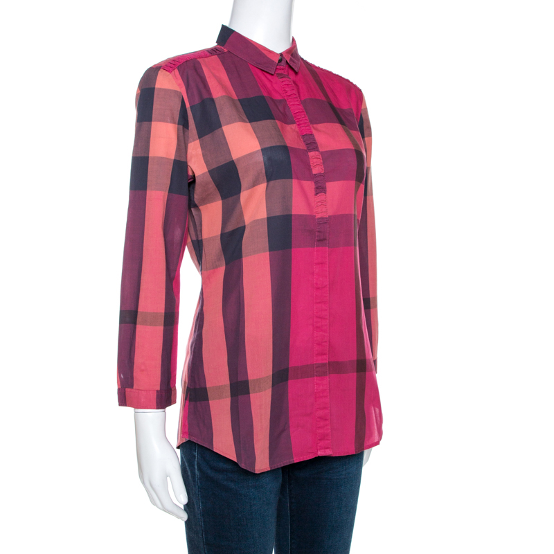 

Burberry Brit Fuschia Pink Checked Cotton Gathered Detail Shirt