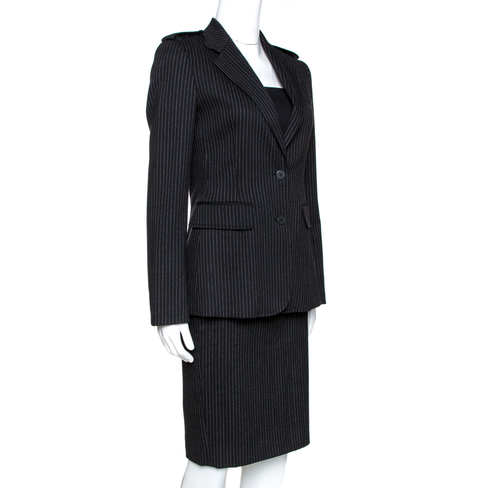 

Burberry Black Pinstripe Wool Tailored Skirt Suit