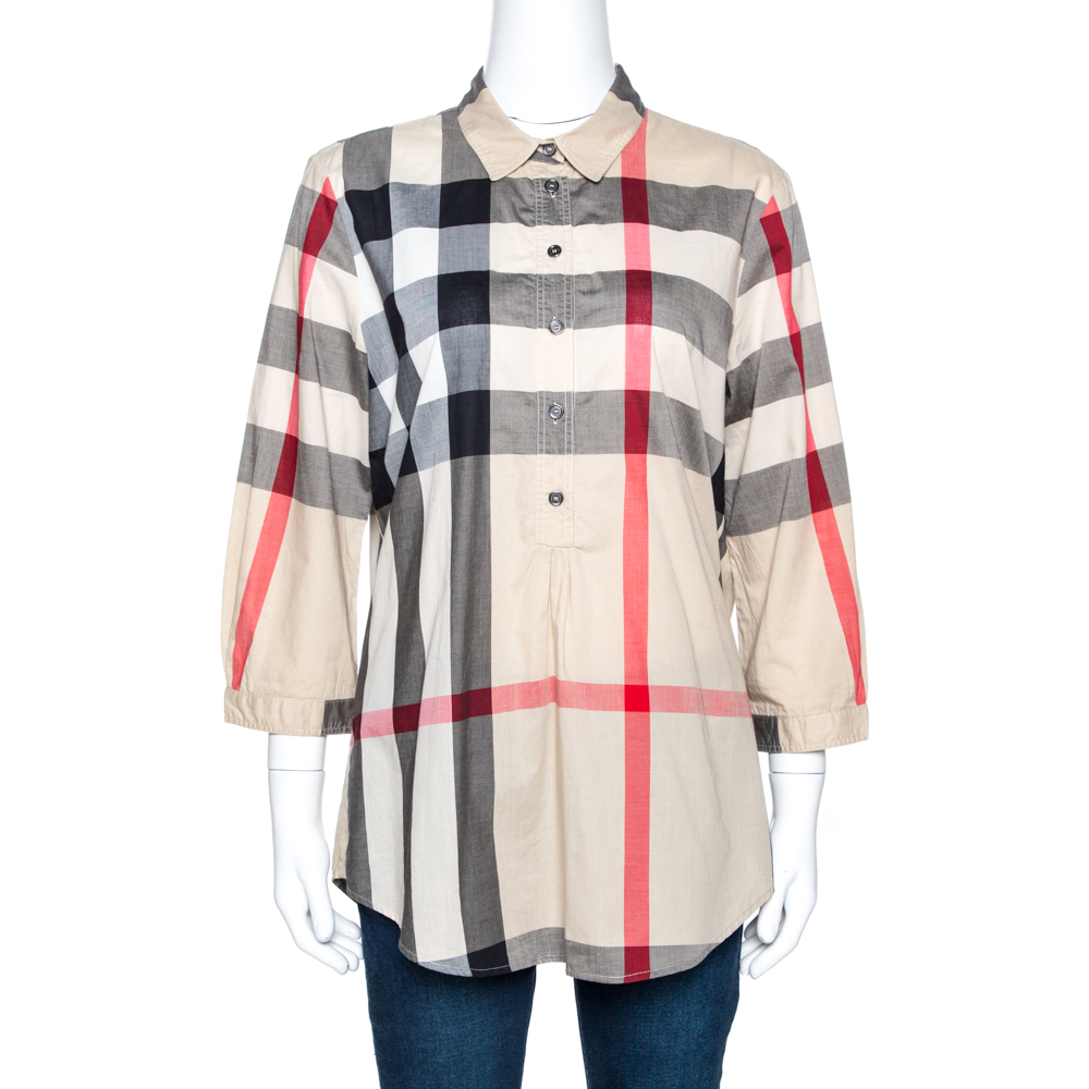 Pre-owned Burberry Brit Beige Exploded Check Cotton Half Placket Shirt M