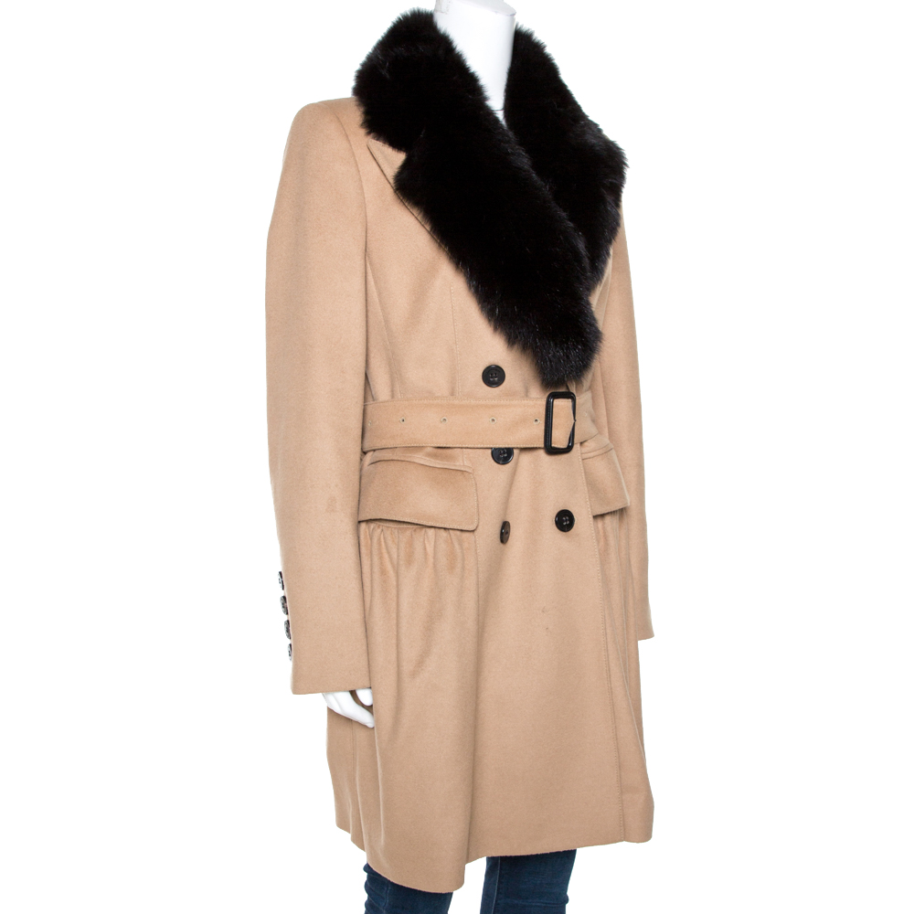 

Burberry Beige Cashmere and Fox Fur Lined Belted Coat