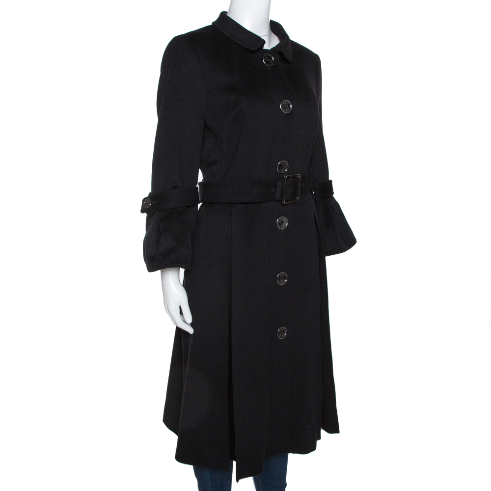 

Burberry Prorsum Black Cashmere Blend Pleated Mid Length Coat