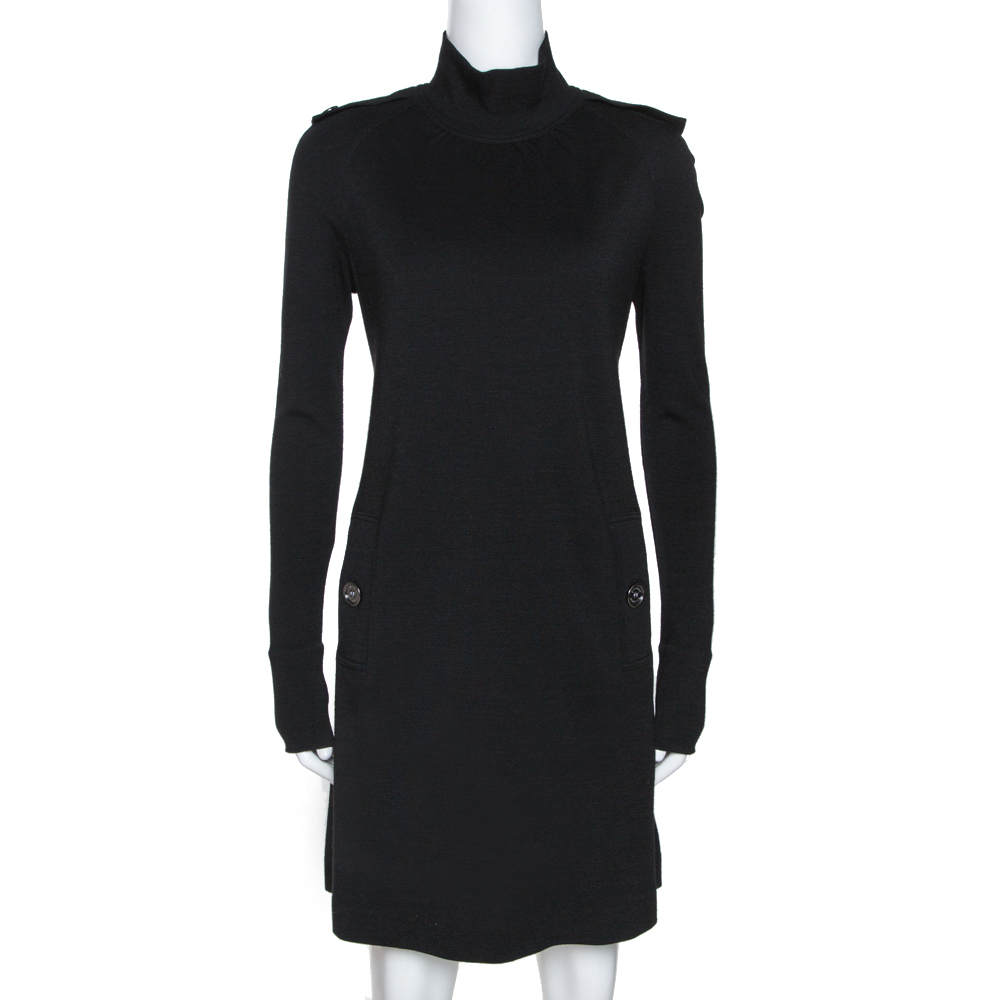 فستان بربري برقبة مرتفعة و بأكمام طويلة صوف أسود مقاس وسط (ميديوم)