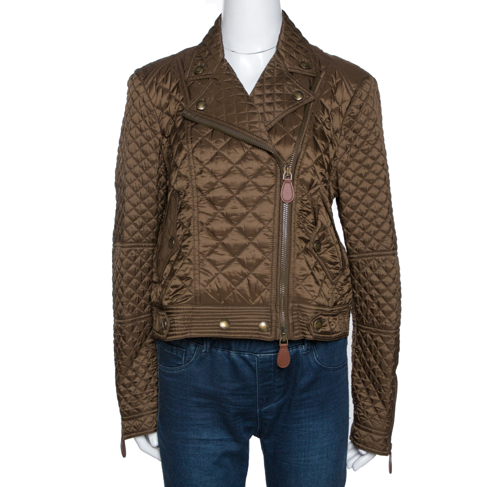 Pre-owned Burberry Military Green Quilted Synthetic Biker Jacket L