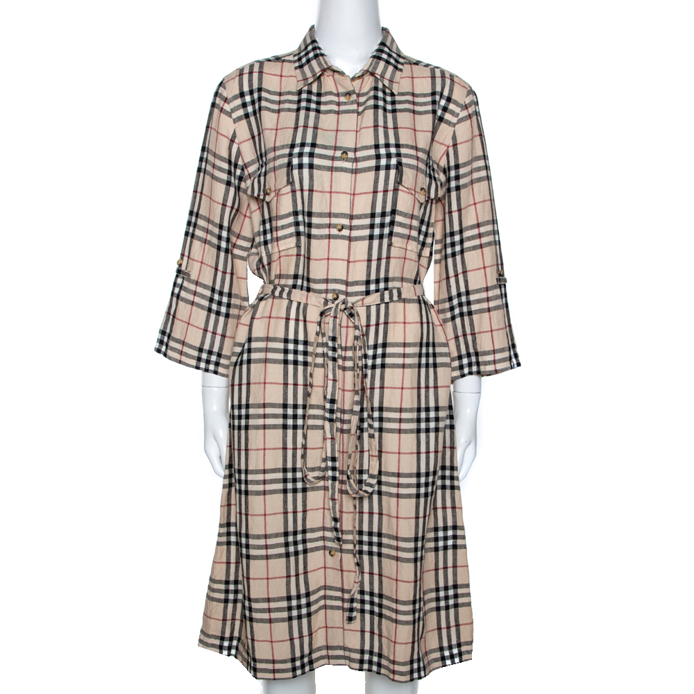 Burberry Beige Nova Check Linen Belted Shirt Dress L Burberry | TLC