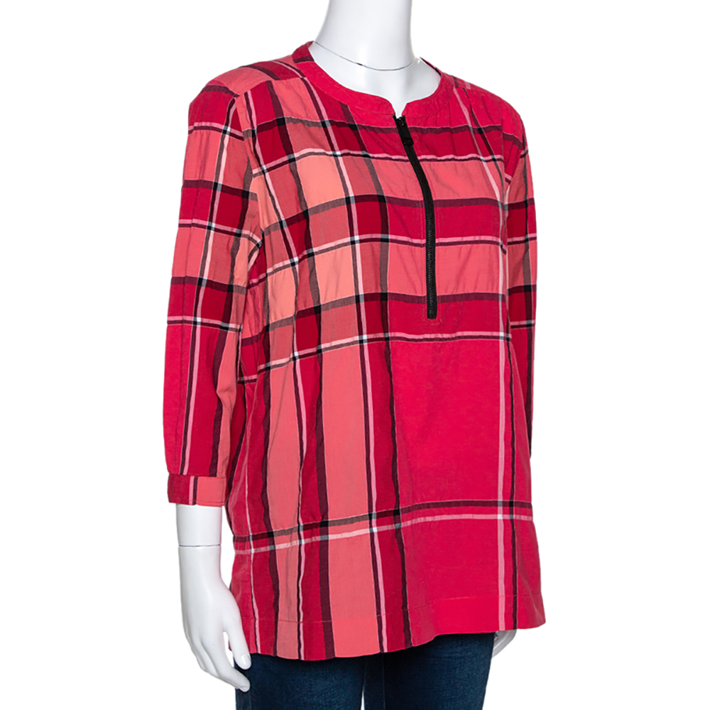 

Burberry Pink Check Cotton Zip Front Tunic Top