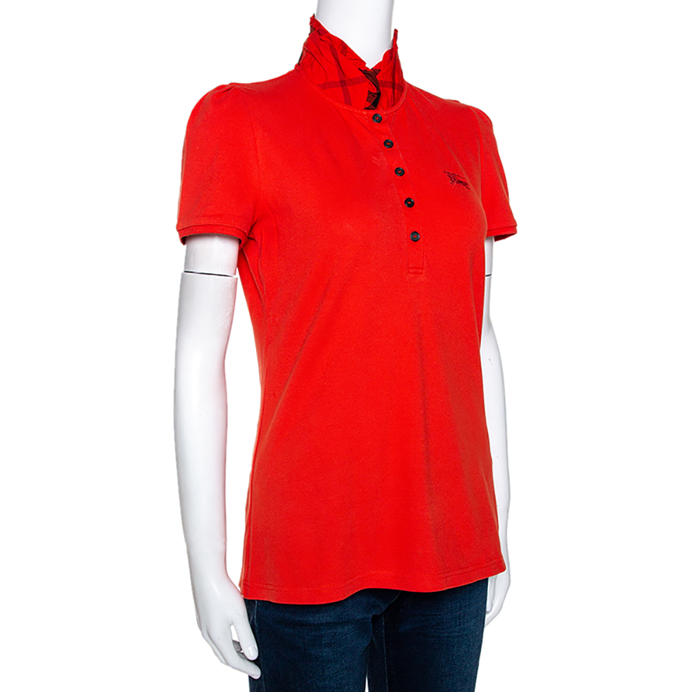 

Burberry Brit Orange Honeycomb Knit Novacheck Collar Detail Polo T-Shirt