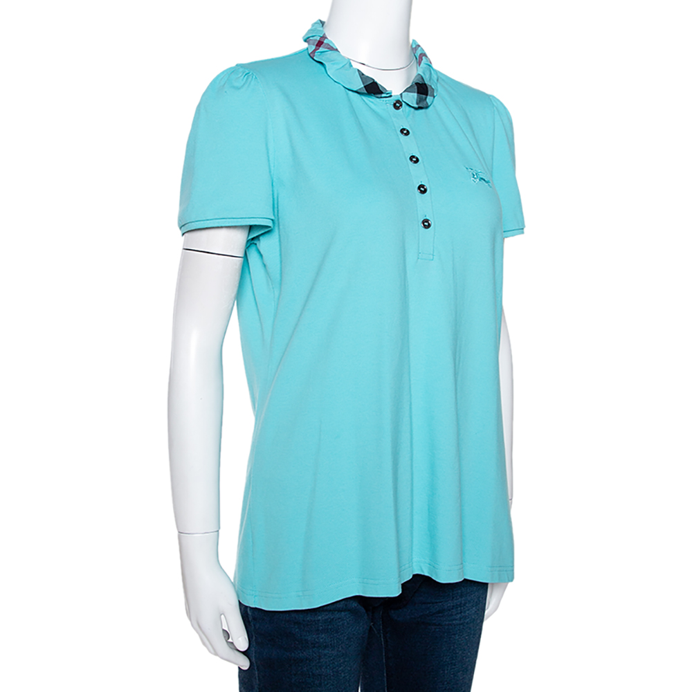 

Burberry Brit Teal Blue Cotton Pique Ruffle Collar Polo T Shirt