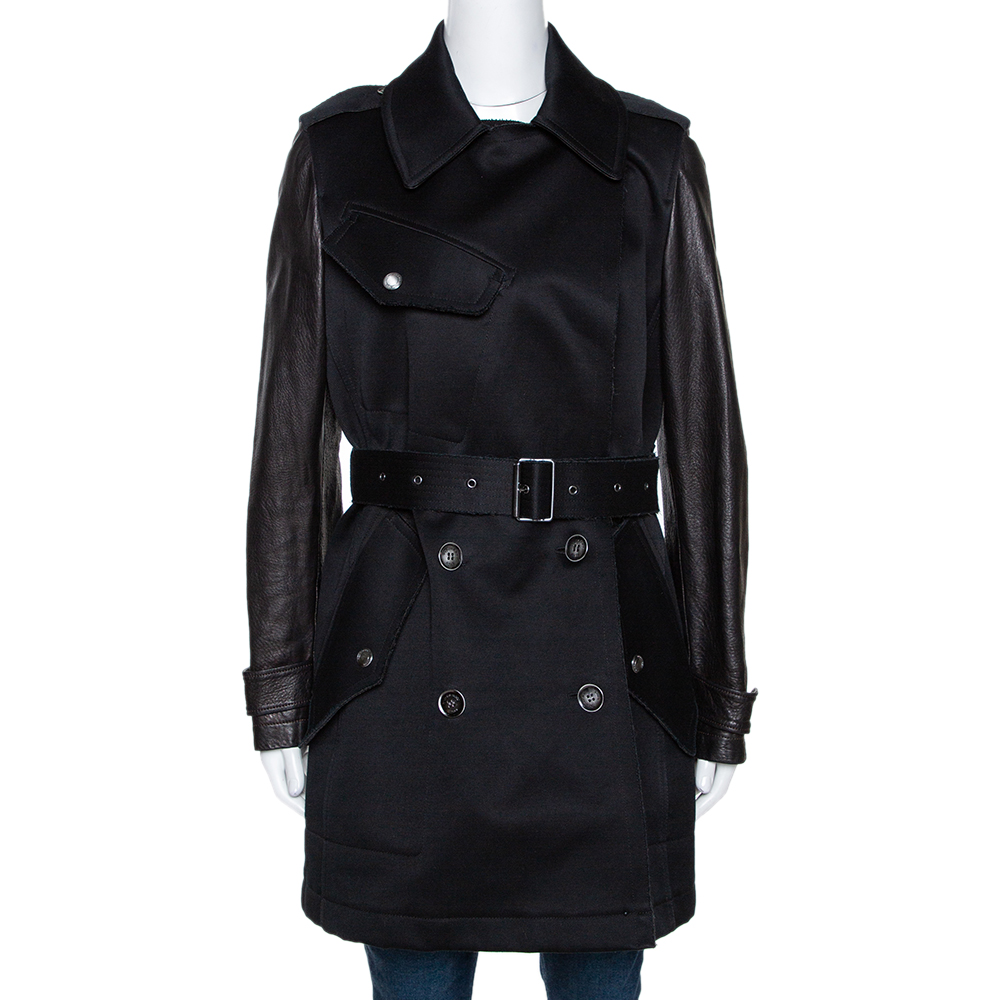 Pre Owned Burberry Brit Black Cotton Leather Sleeve Detail Belted Coat M