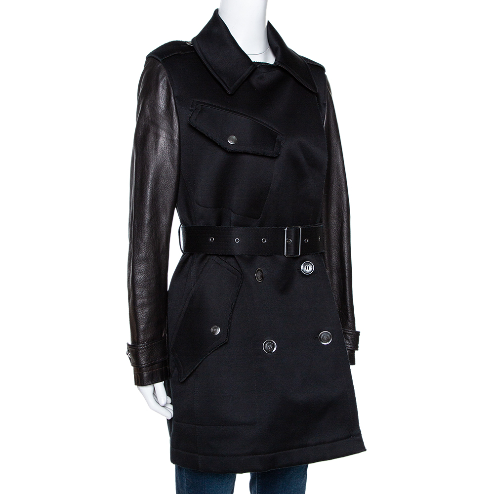 

Burberry Brit Black Cotton Leather Sleeve Detail Belted Coat