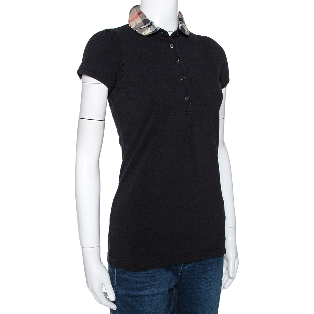 

Burberry Black Cotton Pique Ruched Collar Polo T-Shirt