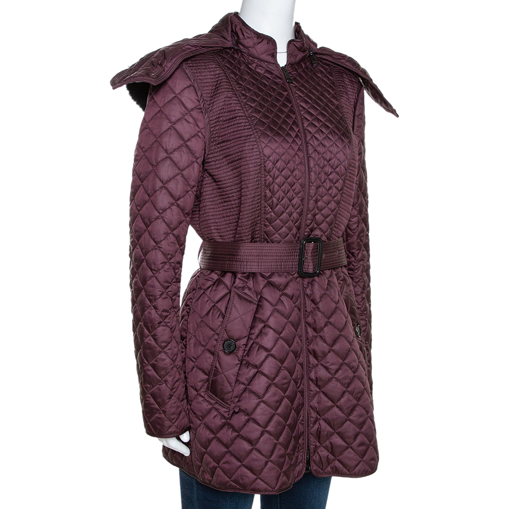 

Burberry Burgundy Quilted Fur Lined Detachable Hood Detail Jacket