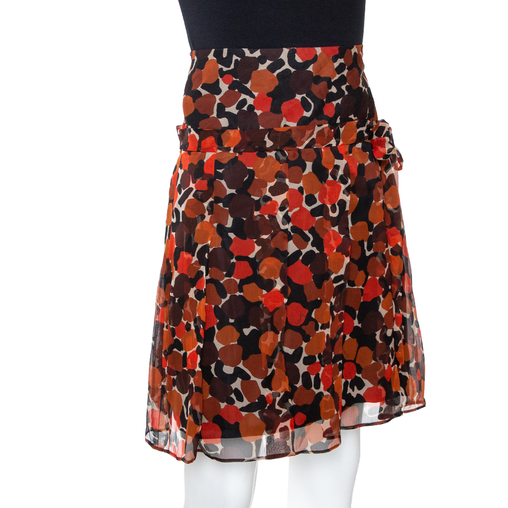 

Burberry Brown & Orange Printed Silk Flared A Line Skirt