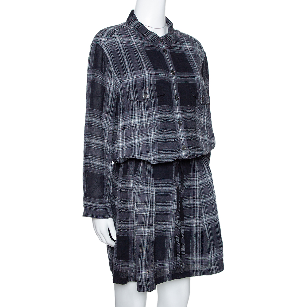 

Burberry Brit Grey Plaid Wool Drawstring Detail Midi Dress