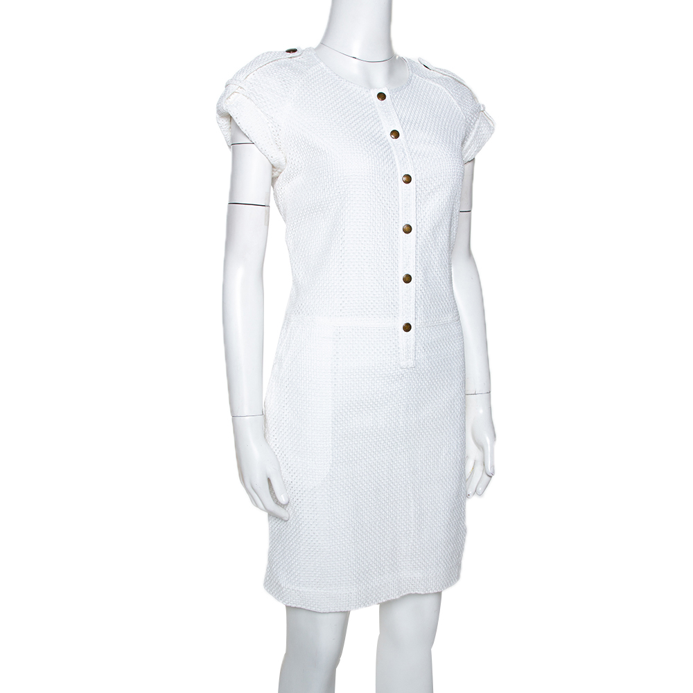 Burberry Brit White Cotton Cutout Pattern Button Front Dress M Burberry