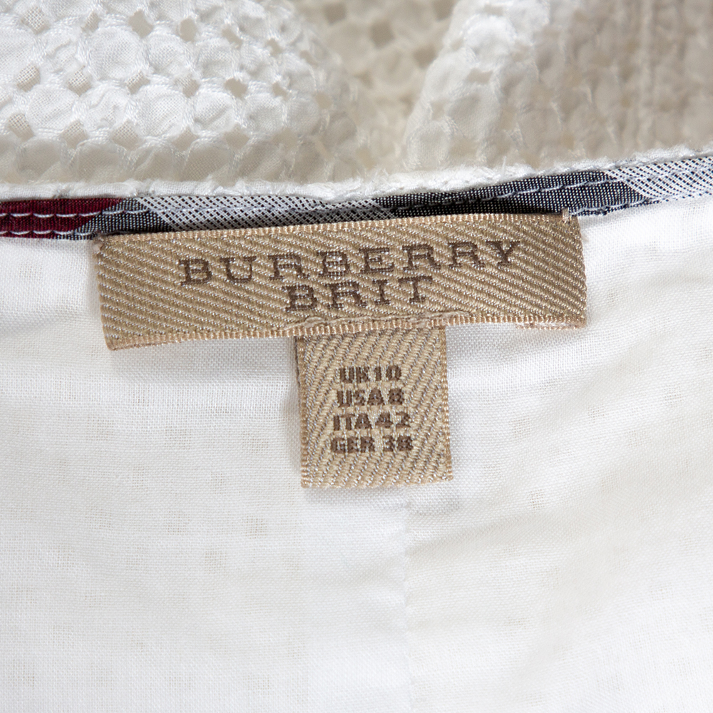 Burberry Brit White Cotton Cutout Pattern Button Front Dress M Burberry