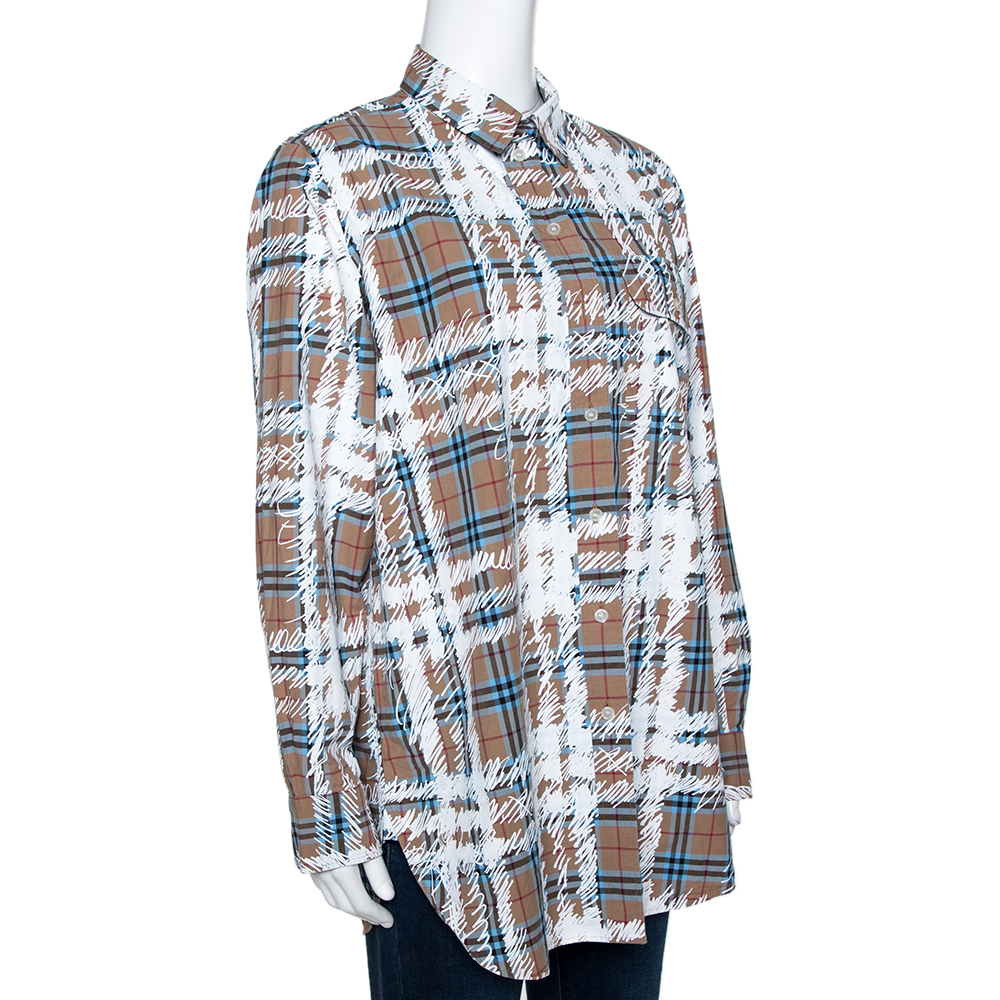 

Burberry Dark Beige Scribbled Check Cotton Long Sleeve Shirt