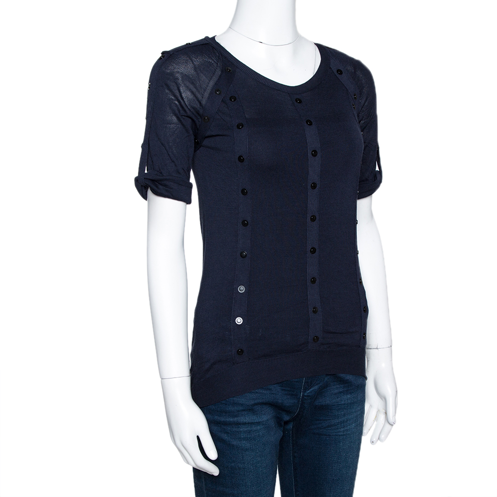 

Burberry Prorsum Navy Blue Silk & Cotton Knit Studded Top