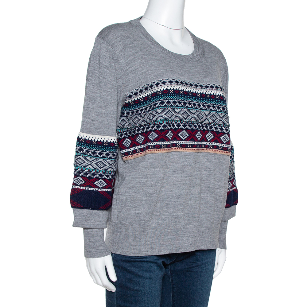 

Burberry Grey Melange Wool Fair Isle Panelled Sweater