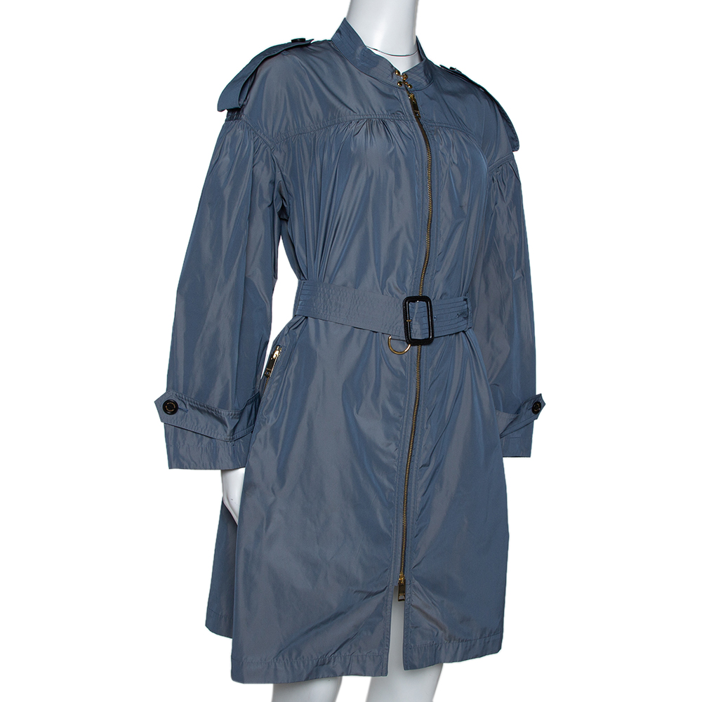 

Burberry Stone Blue Ruched Light Weight Belted Coat