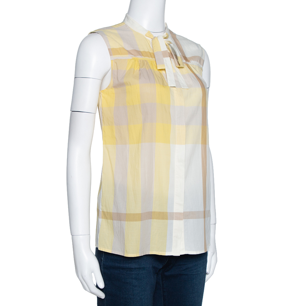 

Burberry Brit Yellow Check Cotton Neck Tie Detail Sleeveless Blouse