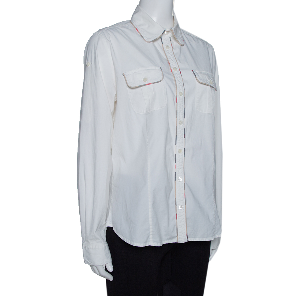 

Burberry Off White Stretch Cotton Nova Check Trim Shirt